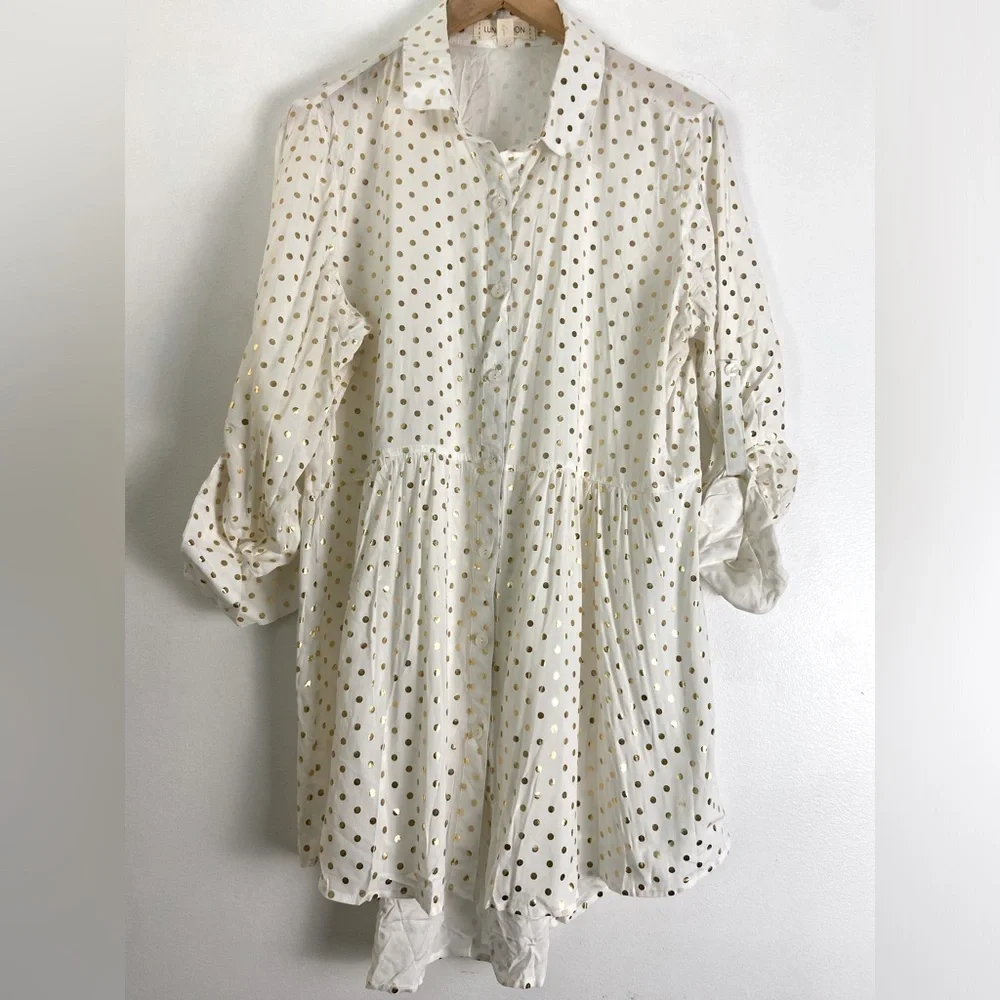 Luna Moon Women's large, gold poke-a-dot, empire waist, botton up blouse. - Picture 1 of 5
